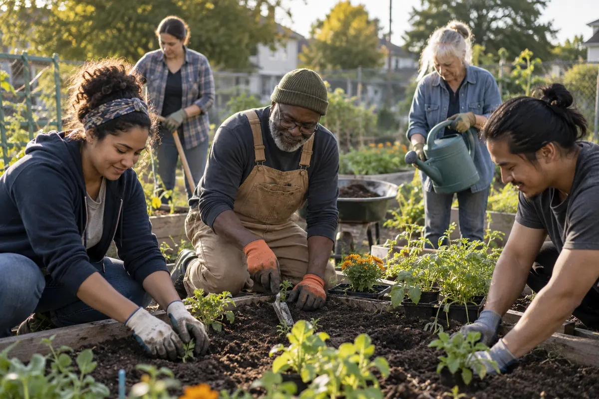 Neighbours working together in a community garden