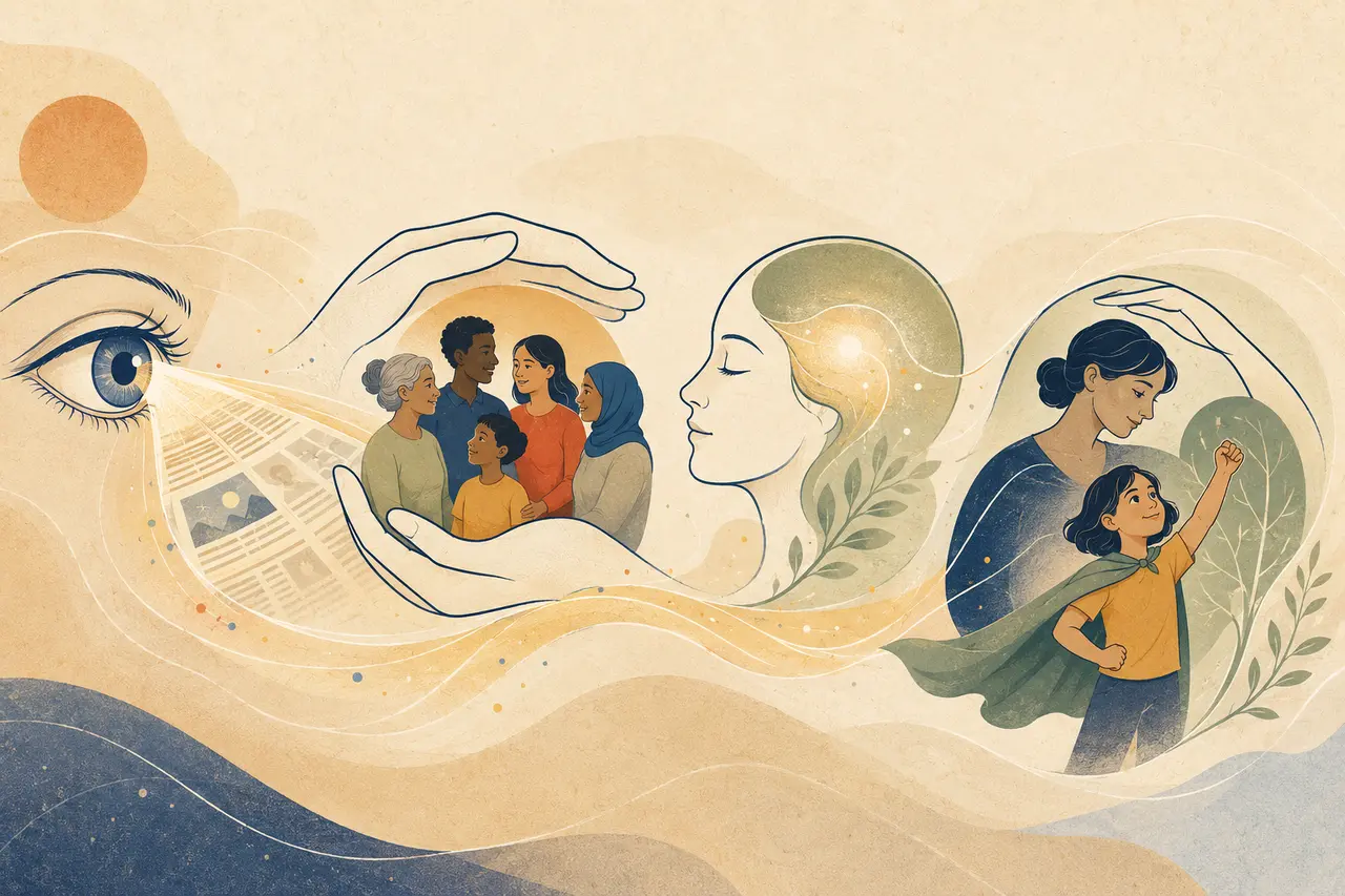 An editorial illustration linking free information, collective safety, psychological wellbeing and child protection.