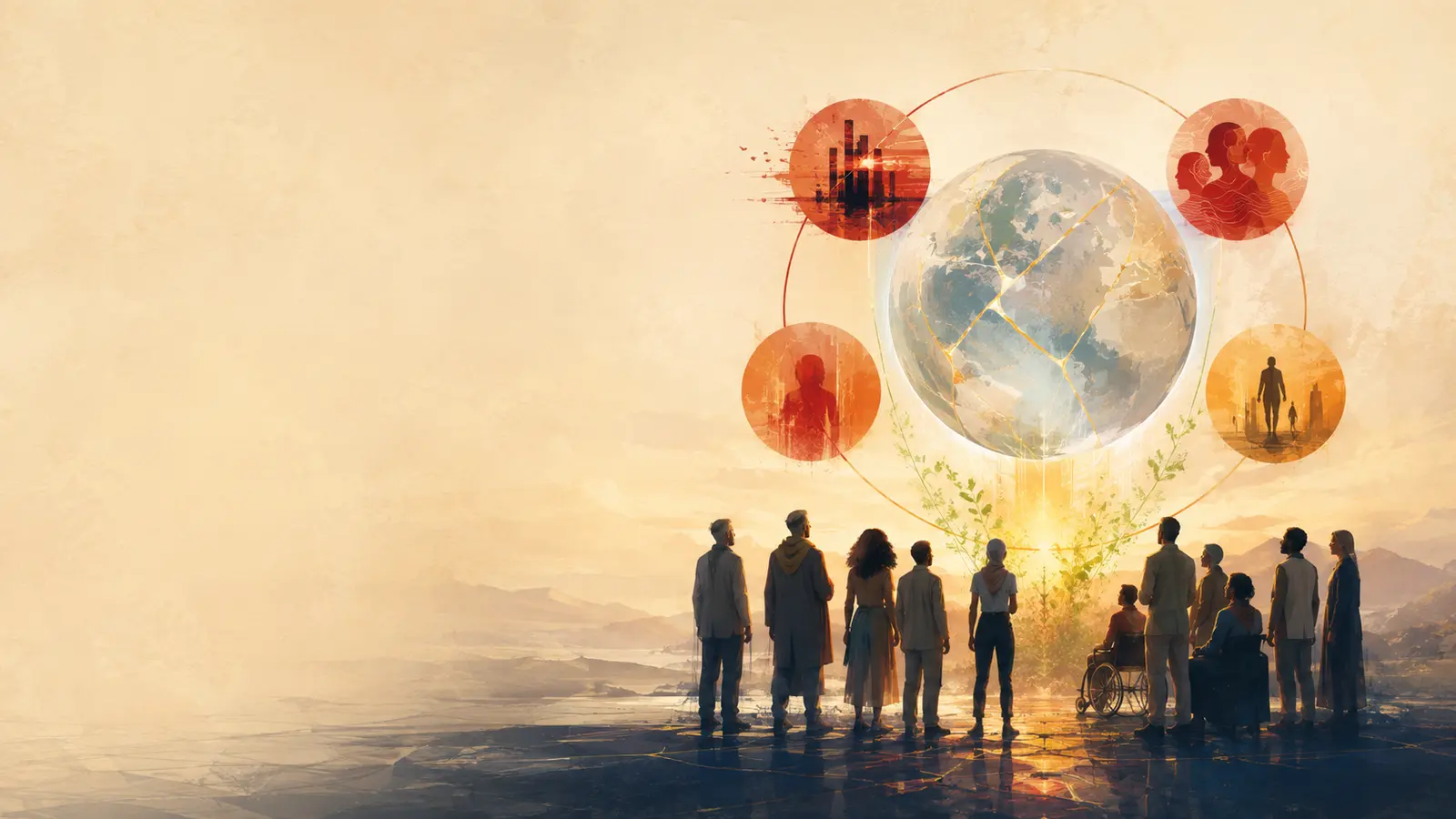 A diverse group facing a fractured globe as warning signals give way to a hopeful dawn.