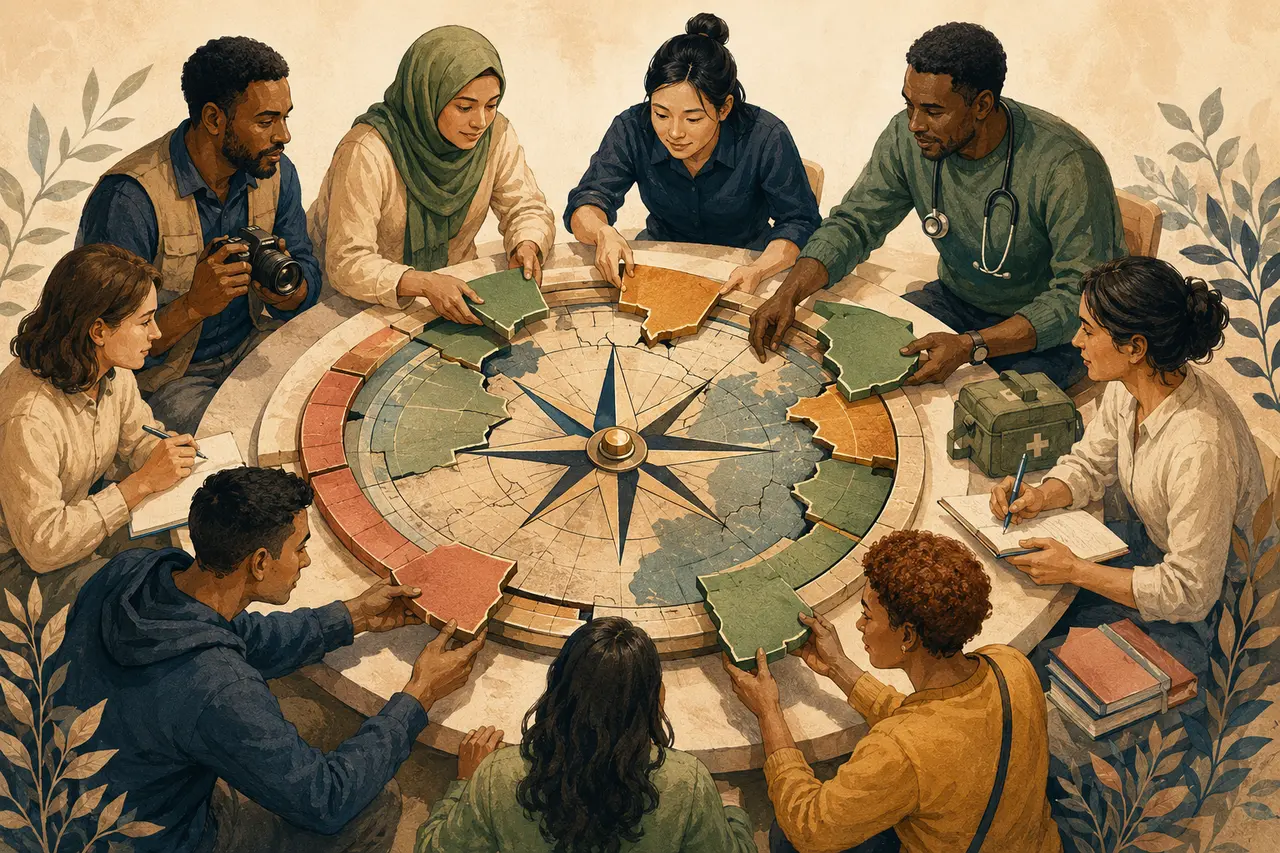 A diverse team repairing a cracked compass-globe together, representing coordinated action and recovery.