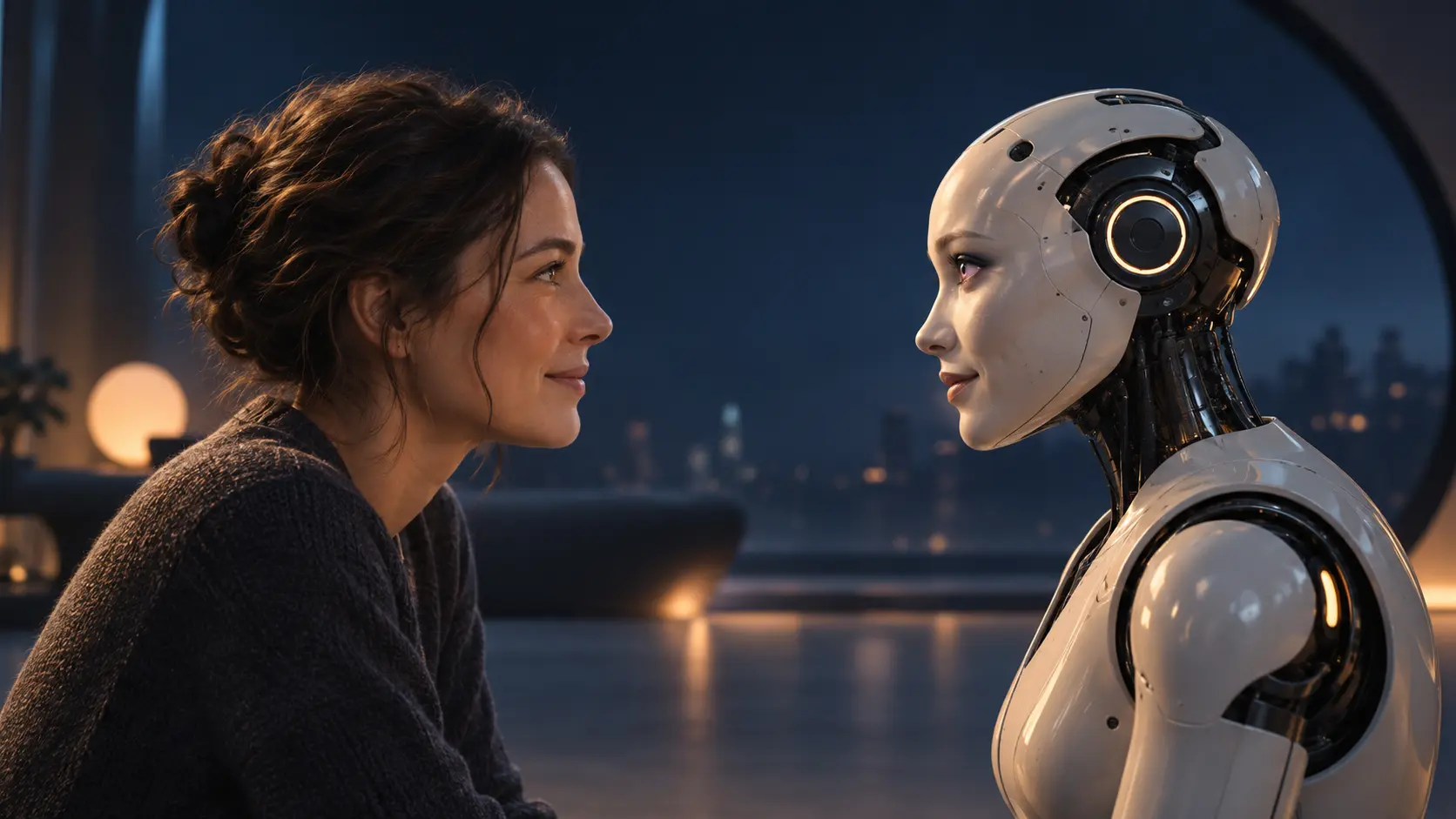 A woman and a humanoid robot face each other with curiosity
