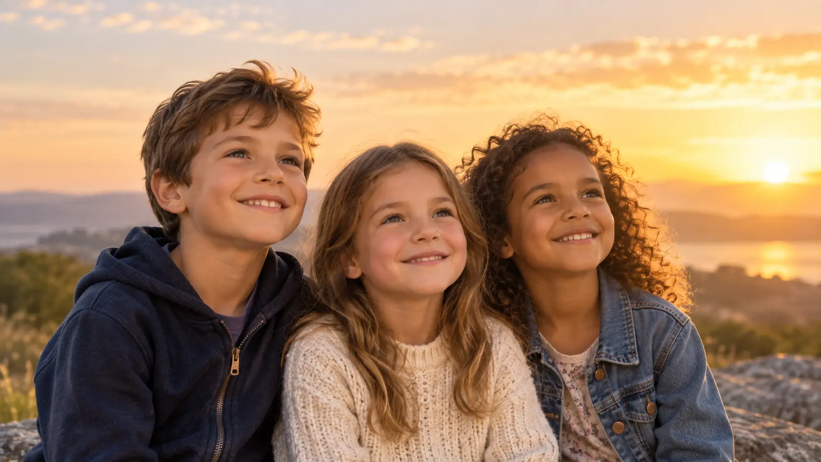 Smiling children looking towards a bright horizon