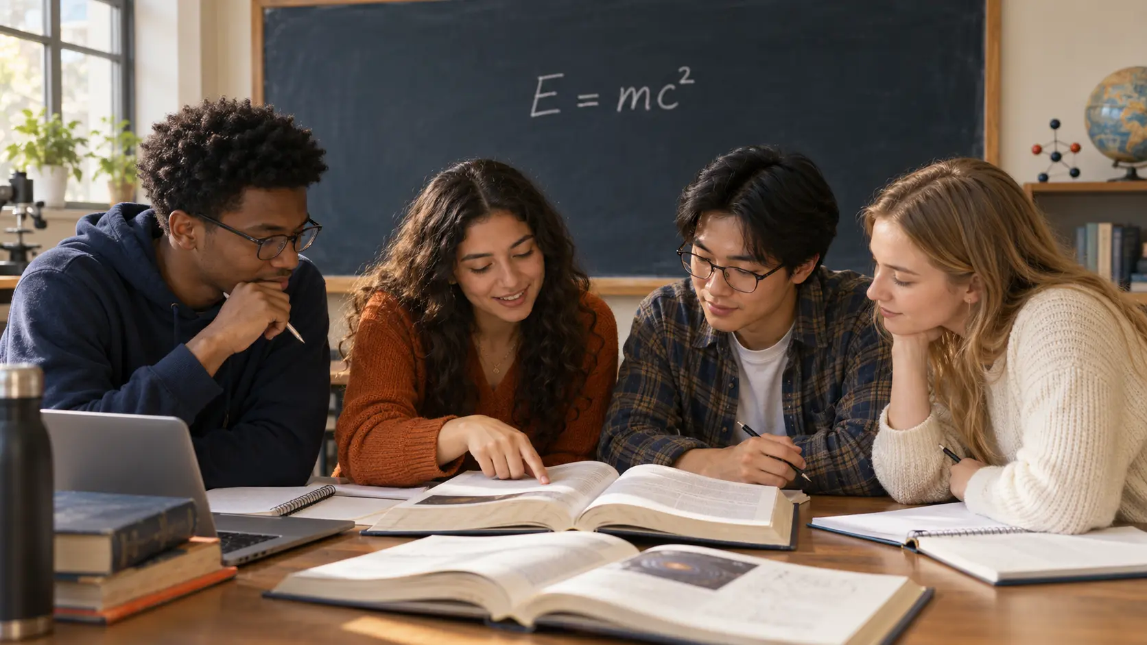 Young people studying science with open books and E = mc² on a blackboard
